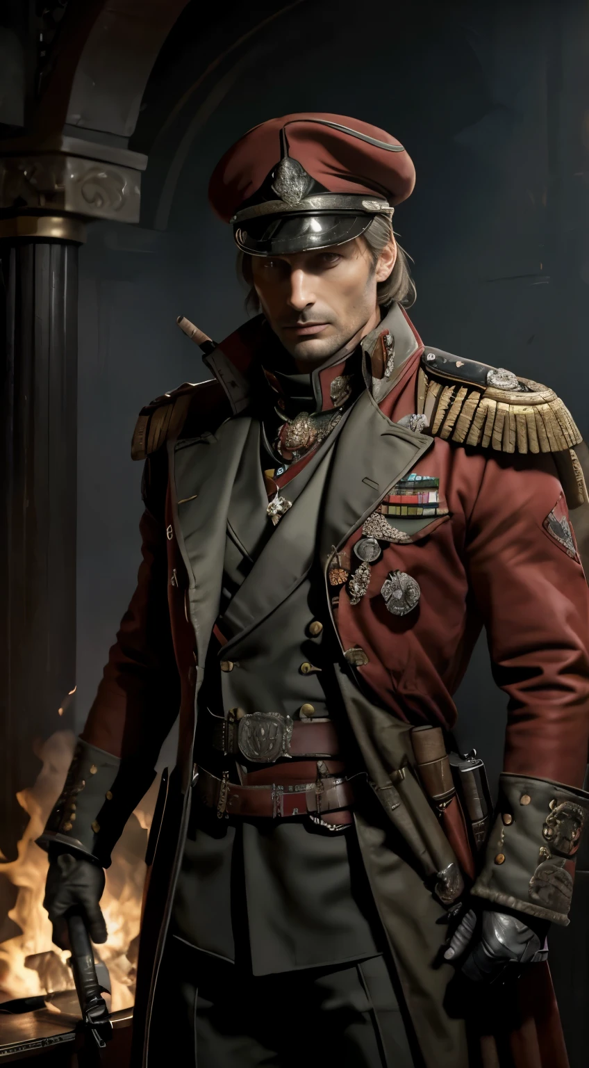 Gerar um corpo inteiro, high resolution image of actor Mads Mikkelsen in the Warhammer 40k universe, embodying a mercenary king personality. Vista-o com um vestido ricamente adornado, outfit inspired by the red commissioner, emphasizing intricate details that reflect both the royalty and harsh military aesthetic of Warhammer 40k. Capture Mads Mikkelsen&#39;s expression with a serious attitude, and portray him smoking a cigar to enhance the robustness, atmosfera desgastada pela batalha. Prioritize impeccable image quality to ensure every detail, from the ornate attire to the subtle nuances of her expression, is rendered sharply.