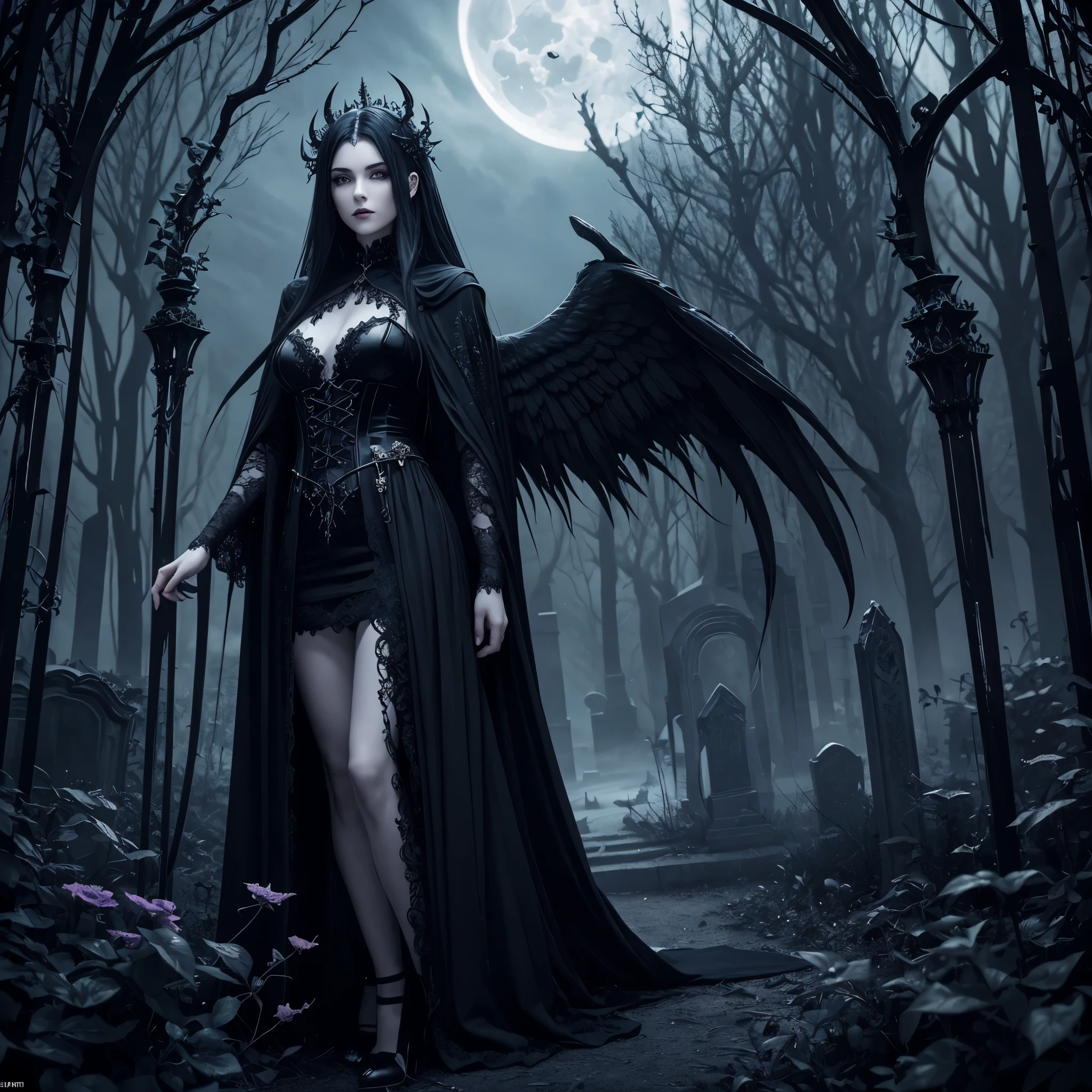 An angelic goth vampire with beautiful detailed eyes, sharp fangs, and pale skin, surrounded by a dark and mysterious garden. The angel has black wings with intricate patterns, and is dressed in elegant gothic attire, with flowing black robes and silver accessories. The garden is filled with twisted and thorny vines, blooming black roses, and ancient tombstones, creating an eerie and enchanting atmosphere. The image is of the best quality, with ultra-detailed features, realistic rendering, and vivid colors. The color palette leans towards cool tones, with a hint of deep purples and blues. The lighting is dramatic, with soft moonlight casting a gentle glow on the angel's face and the garden.