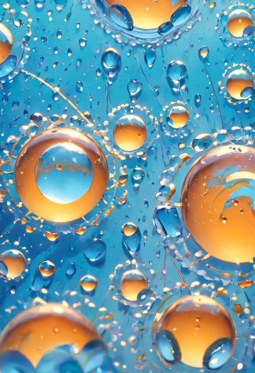 an abstract shot of water droplets on a vibrating surface, with multiple droplets creating unique and unpredictable patterns, showcasing the chaos and beauty that arises from the influence of vibration on water