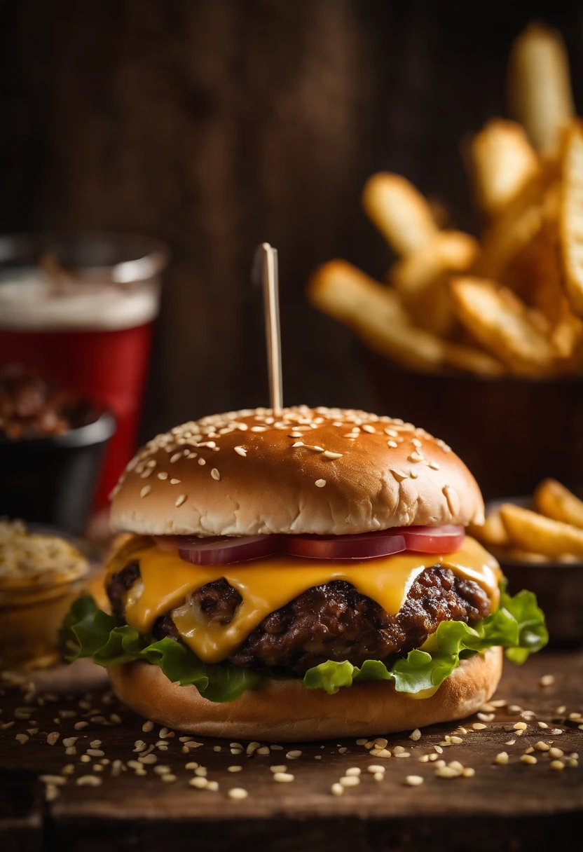 a top-down shot of a cheeseburger on a rustic wooden table, with sesame seeds sprinkled on the bun and a side of crispy golden fries, creating a classic American diner aesthetic