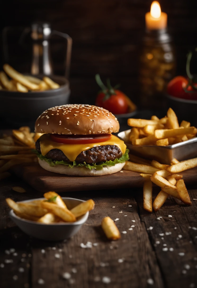 a top-down shot of a cheeseburger on a rustic wooden table, with sesame seeds sprinkled on the bun and a side of crispy golden fries, creating a classic American diner aesthetic