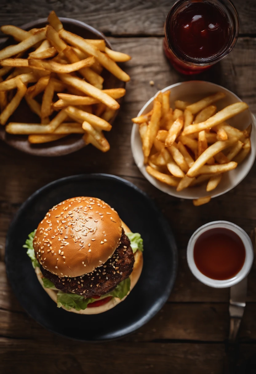 a top-down shot of a cheeseburger on a rustic wooden table, with sesame seeds sprinkled on the bun and a side of crispy golden fries, creating a classic American diner aesthetic