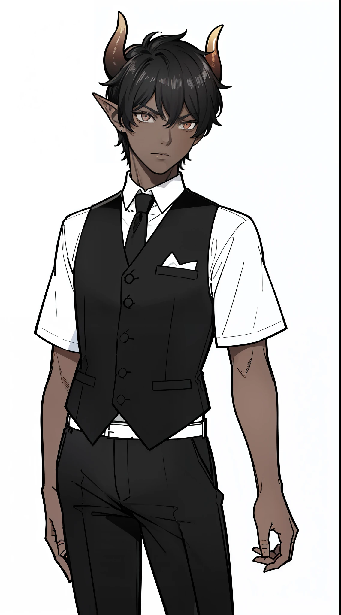 1boy,20s,solo,serious,((dark skin)),white shirt,short sleeve,black tie,black vest,(black pants),Short hair,white hair,elf ears,(horns),(white background),line drawing,cowboy shot,standing