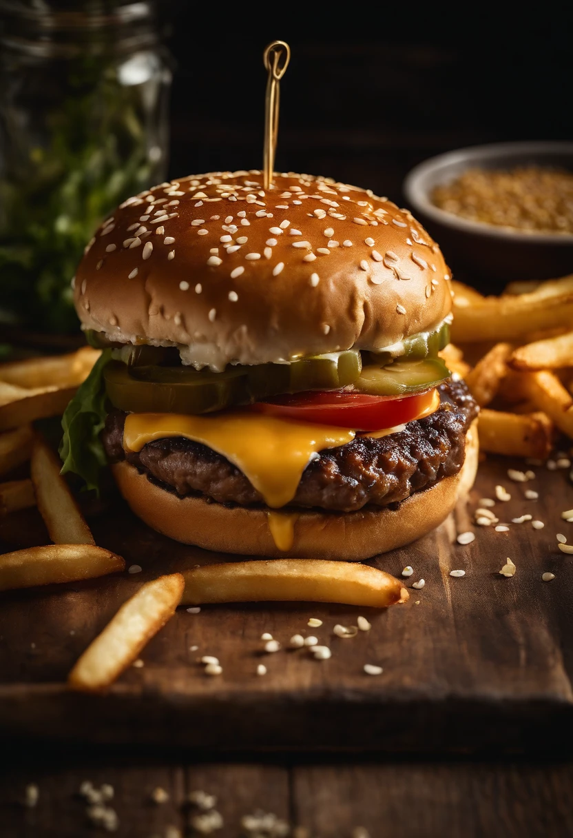 a top-down shot of a cheeseburger on a rustic wooden table, with sesame seeds sprinkled on the bun and a side of crispy golden fries, creating a classic American diner aesthetic