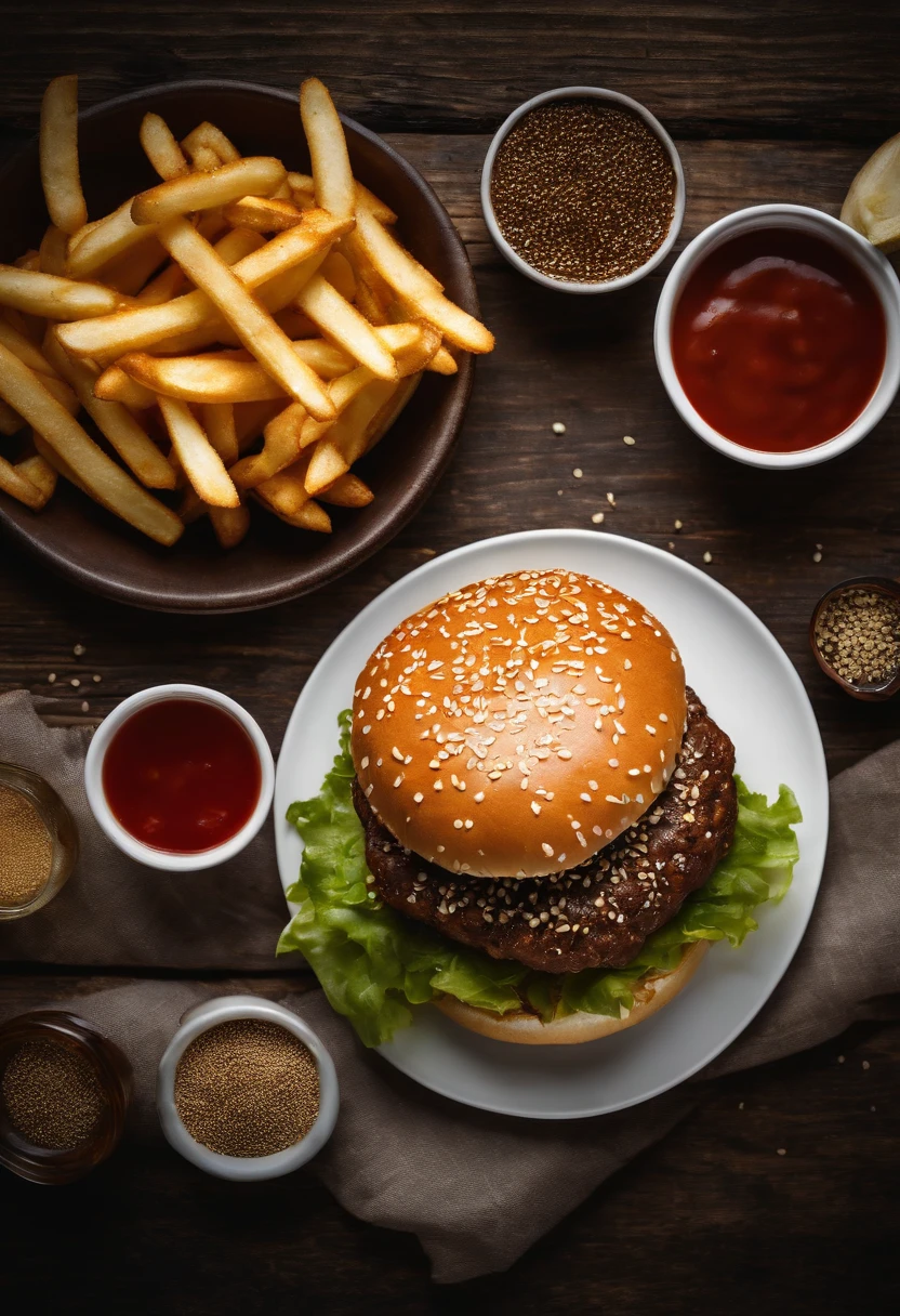 a top-down shot of a cheeseburger on a rustic wooden table, with sesame seeds sprinkled on the bun and a side of crispy golden fries, creating a classic American diner aesthetic