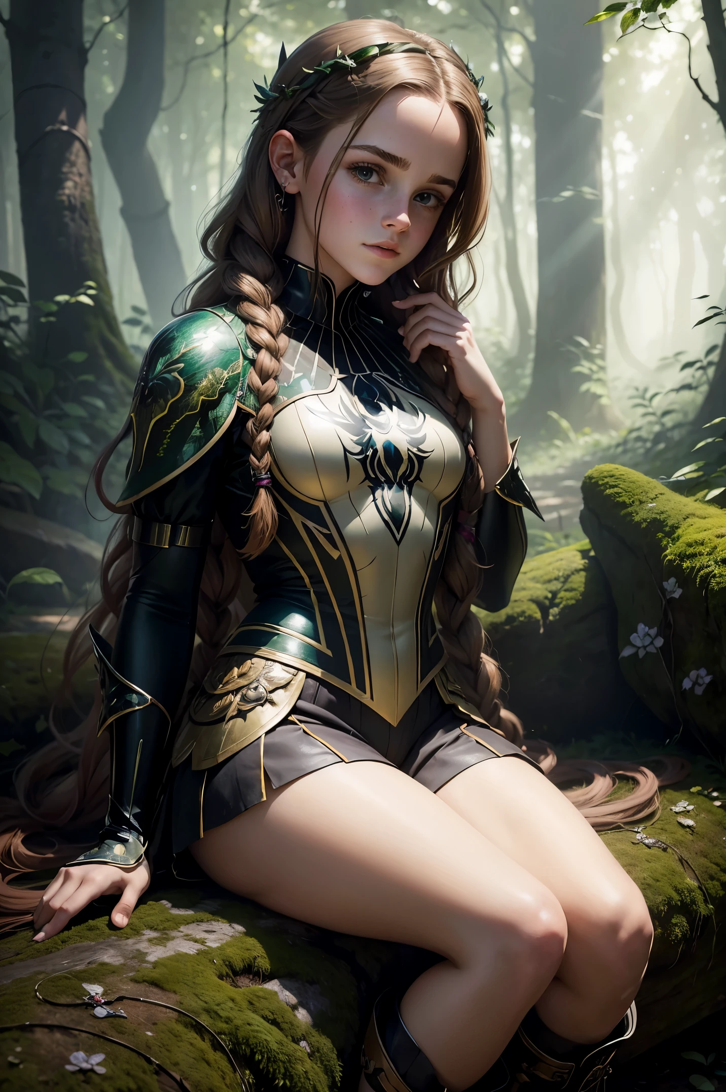 masterpiece. detailed oil painting of Emma Watson as a fairy, athletic. hair in braids, shorts for the summer. she is wearing a Detailed symbiote Venom costume, boots. night. in forest glade, light beams through tree leaves. long hair. sitting on stone bench incrusted jewels. background pet dragon.