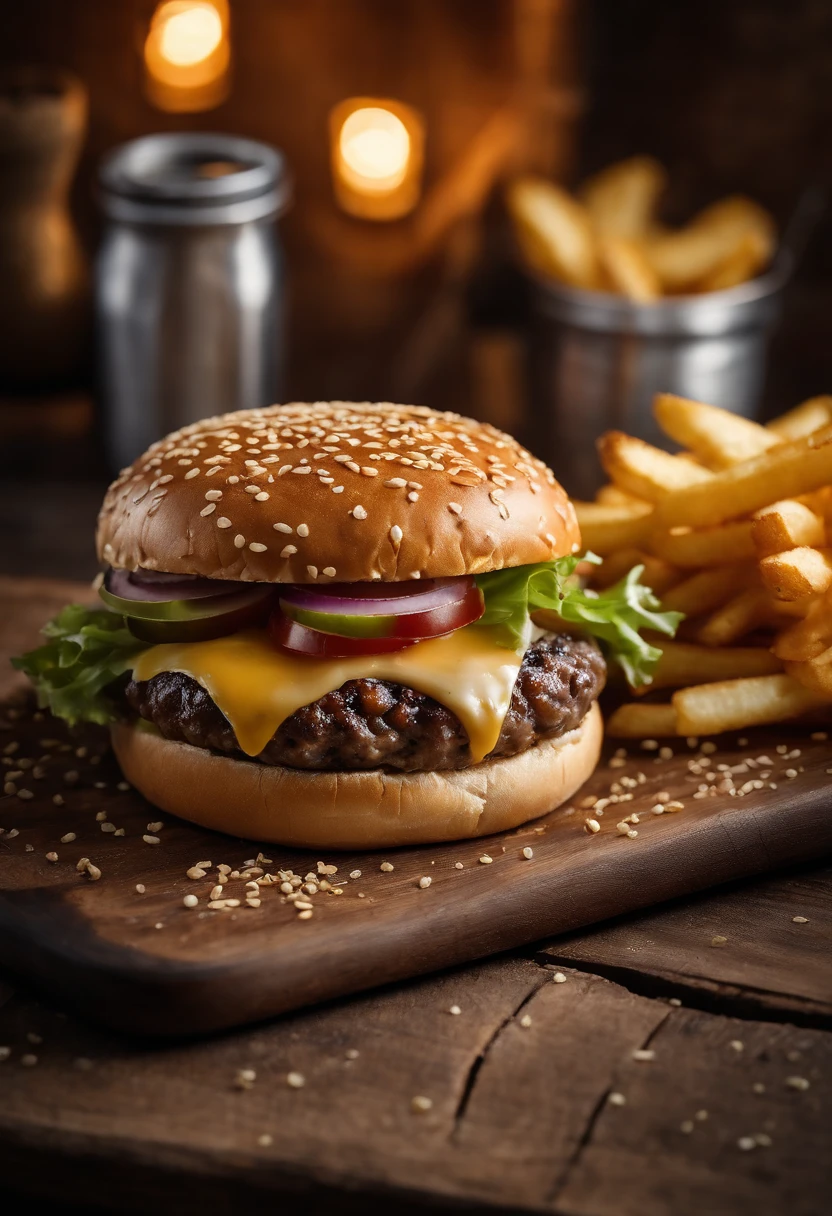 a top-down shot of a cheeseburger on a rustic wooden table, with sesame seeds sprinkled on the bun and a side of crispy golden fries, creating a classic American diner aesthetic