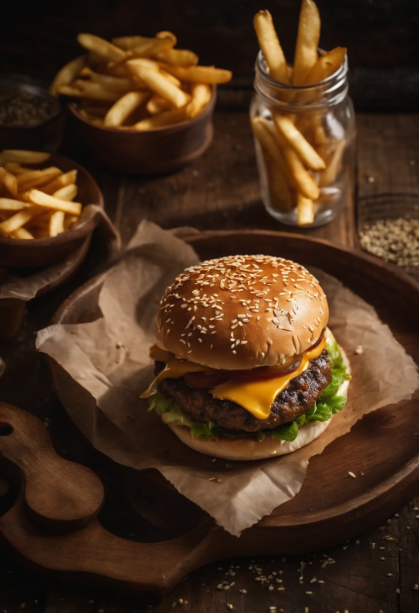 a top-down shot of a cheeseburger on a rustic wooden table, with sesame seeds sprinkled on the bun and a side of crispy golden fries, creating a classic American diner aesthetic