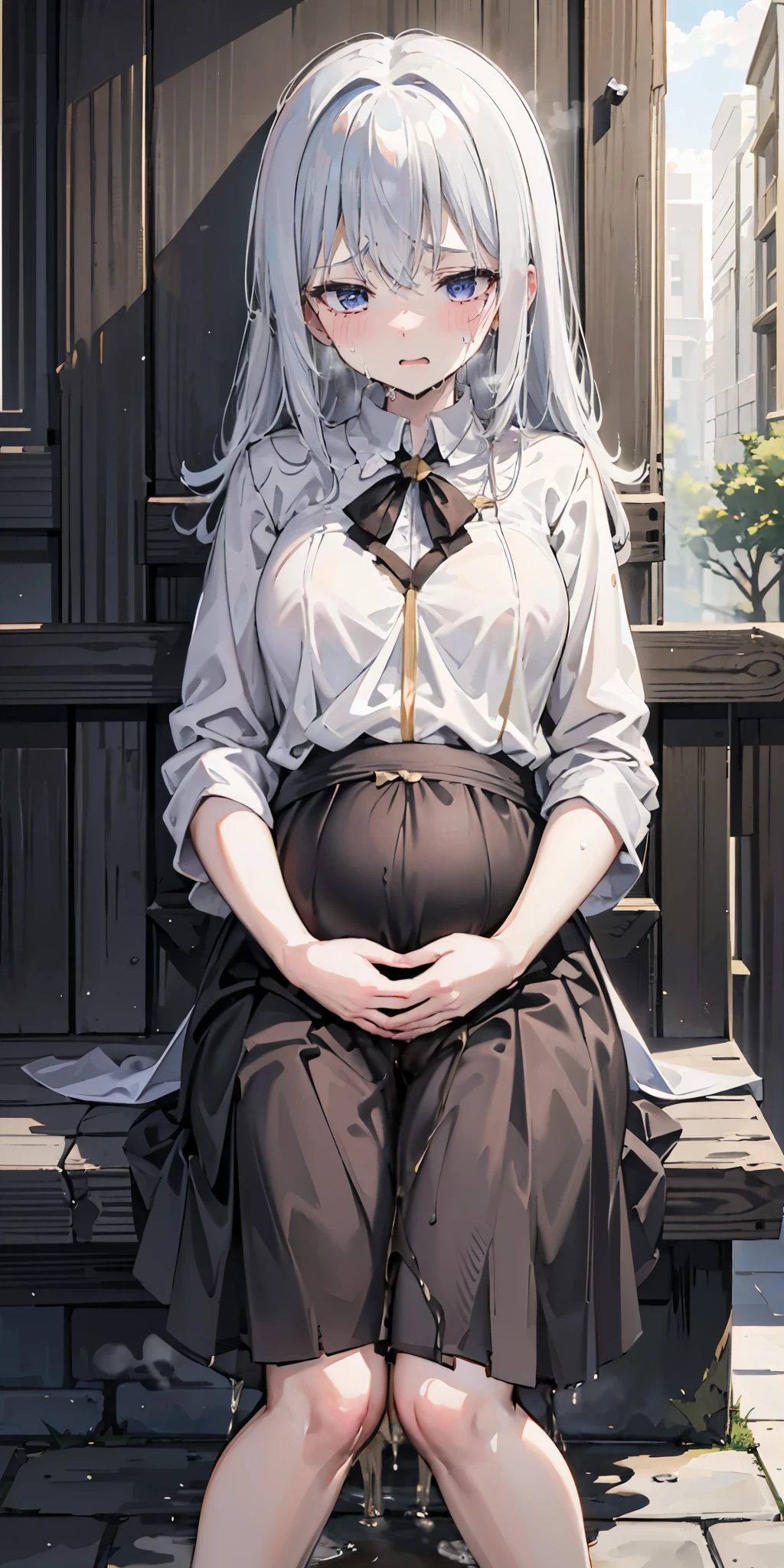 Elaina, white ash hair, anime girl, white shirt, black skirt, (black robe: 1.2), pale face, sweat, heavy breath, blush, pregnant, Pregnant  belly, (best quality:1.2), ultra detail, realistic ,portraits, vivid colors, soft lighting, interesting PoV, (pee is white:0.7), spread kneel, (the girl is leaking pee: 1.3), straight hair