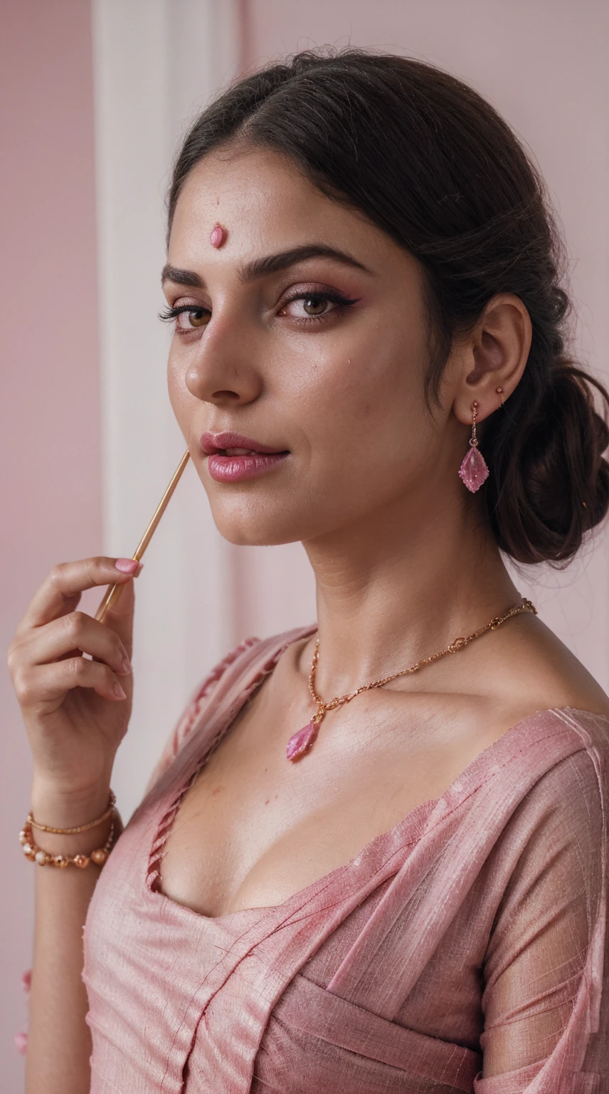 Pink saree, (RAW photo, realism: 1.8), (very dark pink lip gloss, jet dark pink lipstick, realistic eyelashes, dark brown eye shadow, shy, blushing, high quality, high resolution, depth of field, chromatic aberration, caustic, wide light, natural colors, 22 year old woman), necklaces, chokers, earrings, bracelets, wear delicate accessories, soft skin fair pink skin, small breasts size, oily shine skin, slime nose soft skin, wears small golden nose pin,
