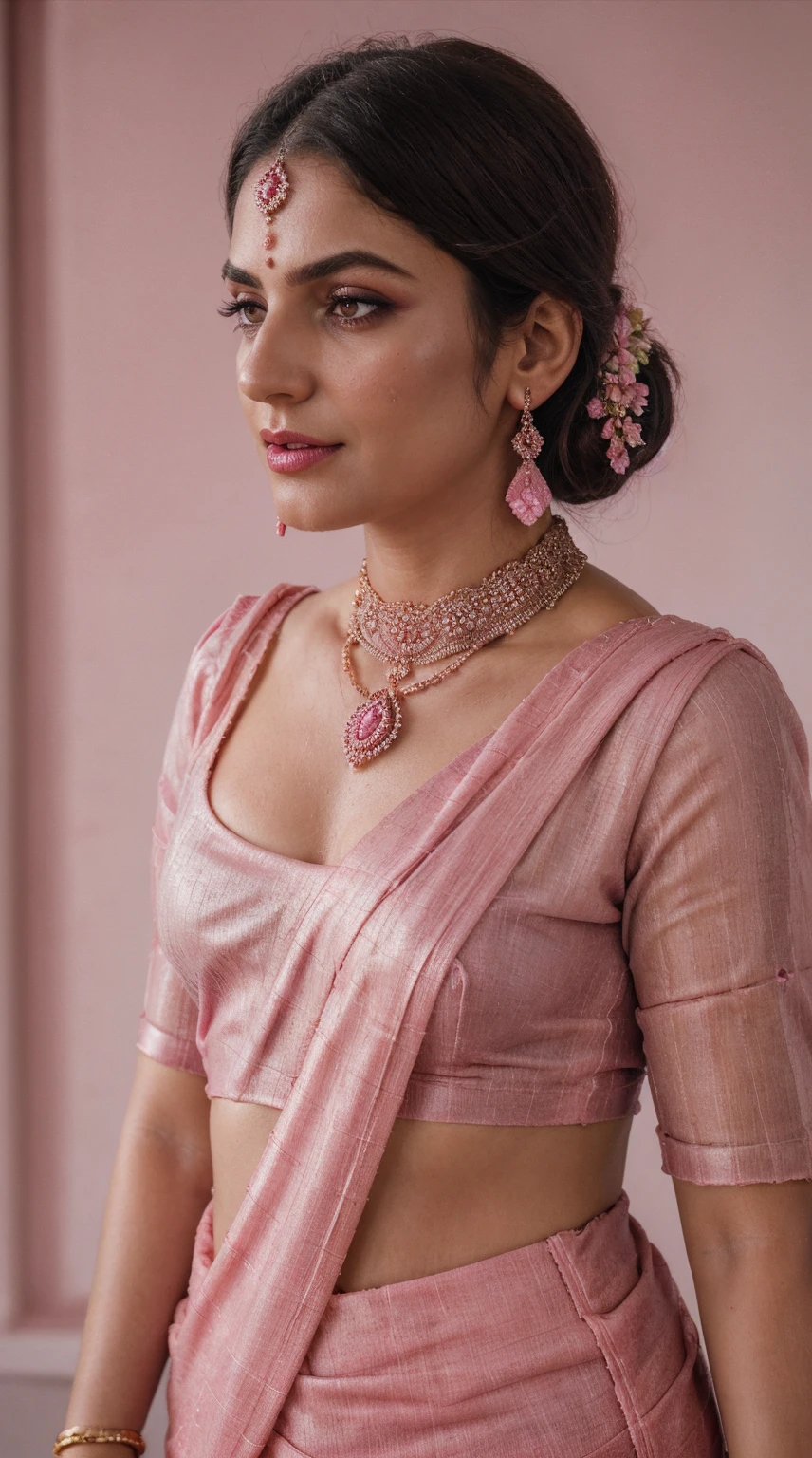 Pink saree, (RAW photo, realism: 1.8), (very dark pink lip gloss, jet dark pink lipstick, realistic eyelashes, dark brown eye shadow, shy, blushing, high quality, high resolution, depth of field, chromatic aberration, caustic, wide light, natural colors, 22 year old woman), necklaces, chokers, earrings, bracelets, wear delicate accessories, soft skin fair pink skin, small breasts size, oily shine skin, slime nose soft skin, wears small golden nose pin,