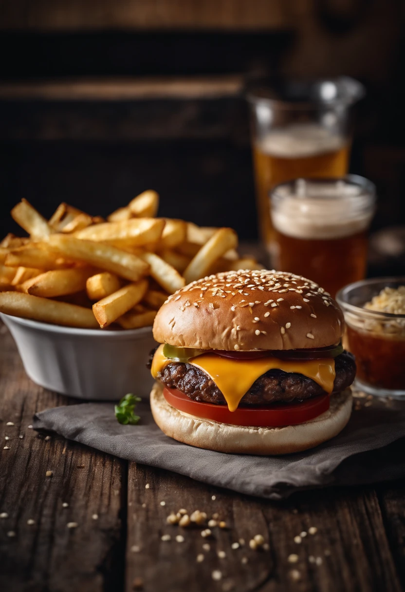 a top-down shot of a cheeseburger on a rustic wooden table, with sesame seeds sprinkled on the bun and a side of crispy golden fries, creating a classic American diner aesthetic