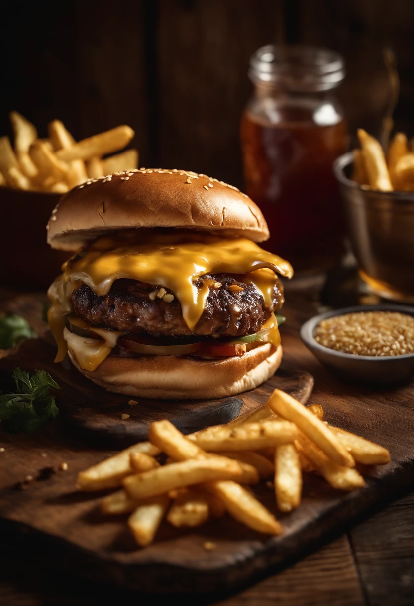 a top-down shot of a cheeseburger on a rustic wooden table, with sesame seeds sprinkled on the bun and a side of crispy golden fries, creating a classic American diner aesthetic