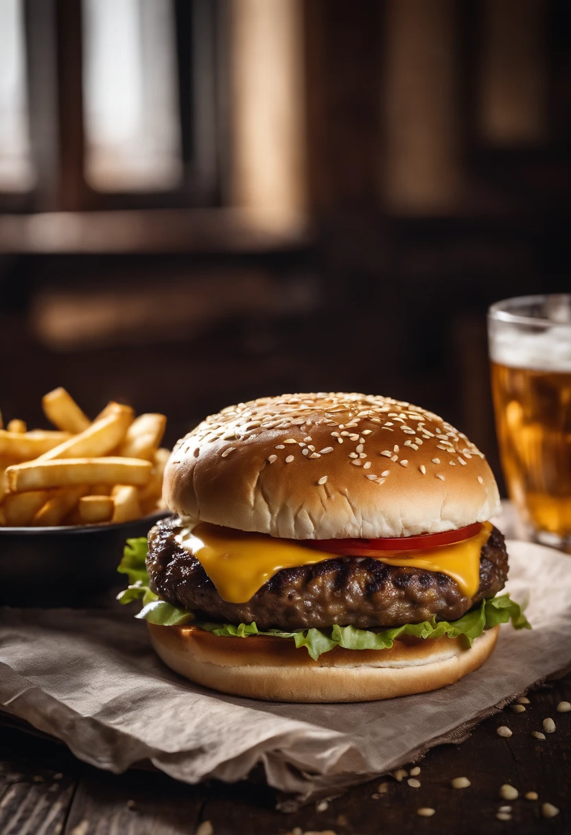 a top-down shot of a cheeseburger on a rustic wooden table, with sesame seeds sprinkled on the bun and a side of crispy golden fries, creating a classic American diner aesthetic