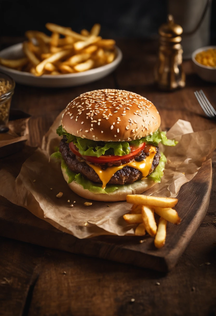 a top-down shot of a cheeseburger on a rustic wooden table, with sesame seeds sprinkled on the bun and a side of crispy golden fries, creating a classic American diner aesthetic