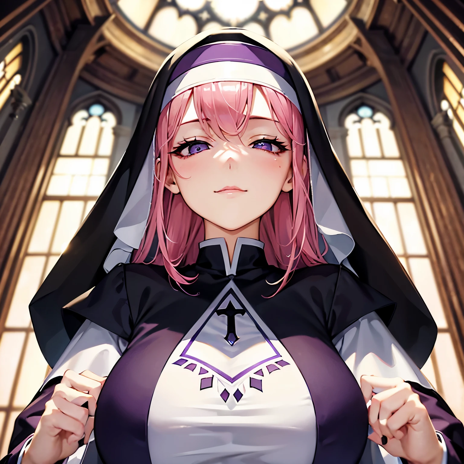 ​masterpiece，((top-quality)),8k wallpaper,((Female 1))，Pink hair，pink thin eyebrows，((smirk))，(((closed eye:1.5)))，Pink cheeks，((very detailed facial details)),Transcendent Beautiful Girl，Cultivated woman，((Dressed in a purple nun&#39;s costume))，Wearing a purple top with white frills on the collar，golden cross necklace，Good cosplay，Lift up the clothes you are wearing，穿いているBlack lace pantiesを披露，Black lace panties，Angle from below，up close shot，Bite，Italian Models，Clarice di Lanza from Arcana Heart 2，Clarice di Lanza cosplay，The background is a chapel，natta，Candlelight，The light of a candle illuminates her