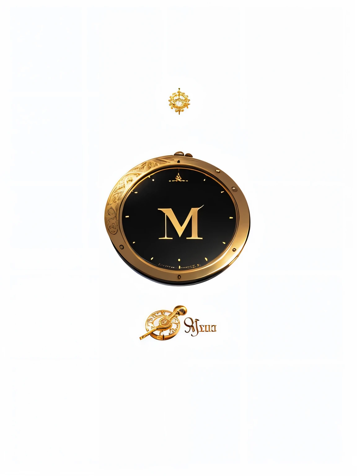 a close up of a clock with a gold and black letter, monocle, medallion, black gotic letter m, manifestation, text morphing into objects, b - roll, medallions, mercury, gong, by Luis Miranda, maxar, made in adobe illustrator, monogram, made with illustrator, decoration, m, pendant, mark, medium shoot, gold black