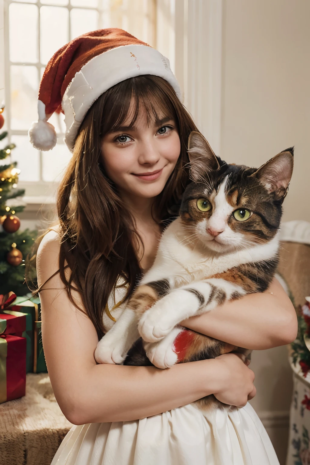 An intricate watercolor painting of a girl with a playful smile holds a calico cat in her arms, both adorned with festive Christmas hats. The cat's fur is rendered in stunning detail, with each hair standing out against the girl's soft, rosy cheeks., realistic, bright colors, light, 16 K