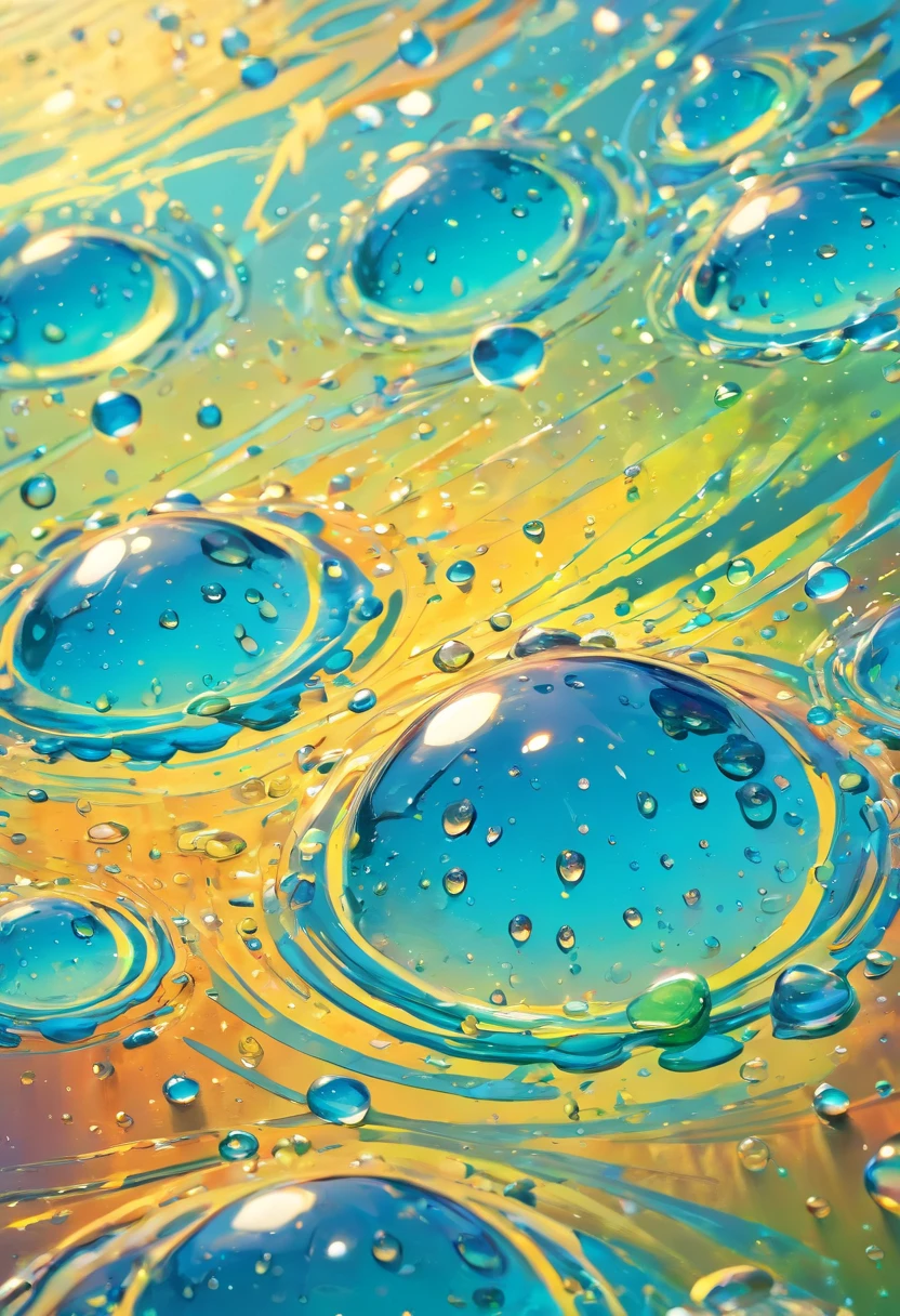 an abstract shot of water droplets on a vibrating surface, with multiple droplets creating unique and unpredictable patterns, showcasing the chaos and beauty that arises from the influence of vibration on water