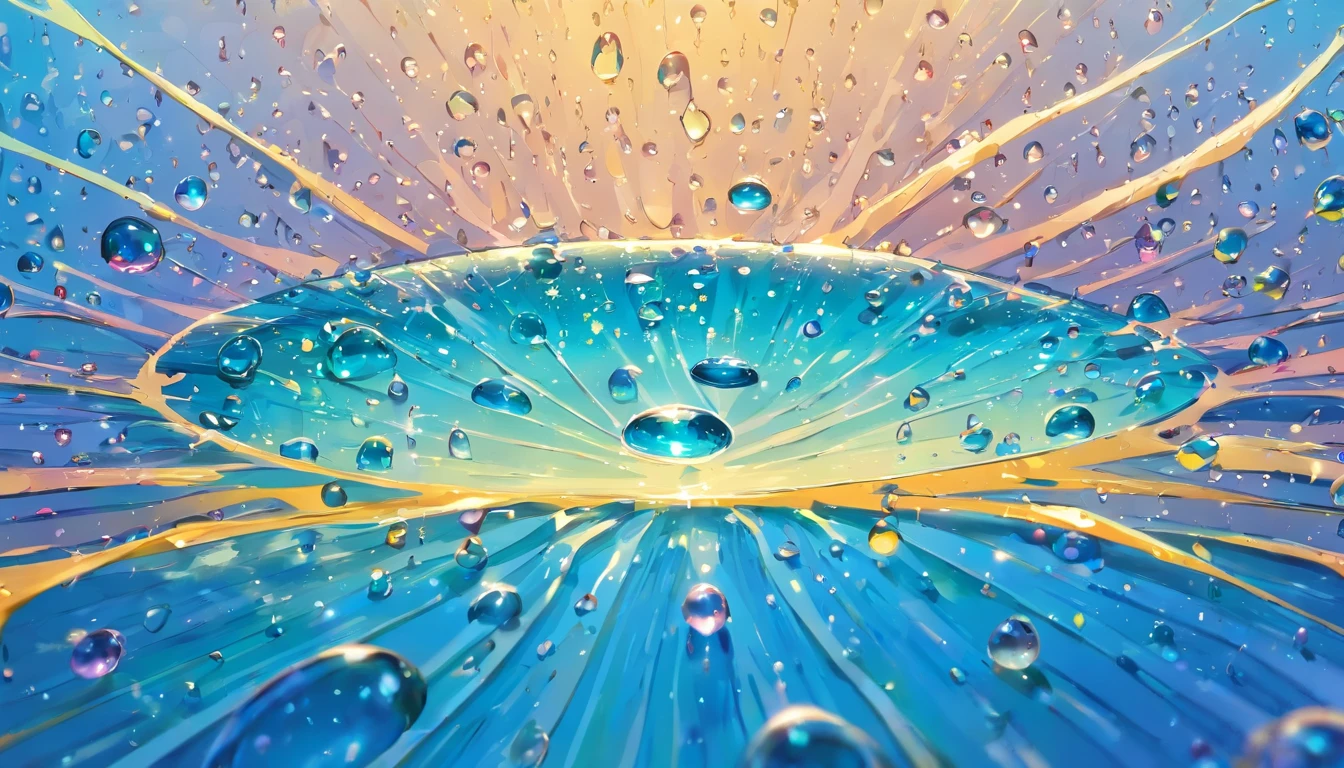 an abstract shot of water droplets on a vibrating surface, with multiple droplets creating unique and unpredictable patterns, showcasing the chaos and beauty that arises from the influence of vibration on water