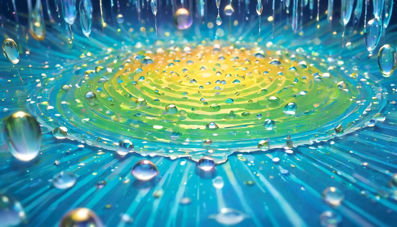 an abstract shot of water droplets on a vibrating surface, with multiple droplets creating unique and unpredictable patterns, showcasing the chaos and beauty that arises from the influence of vibration on water
