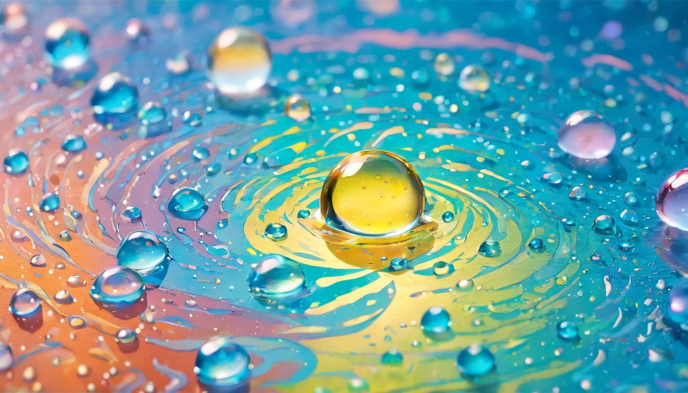 an abstract shot of water droplets on a vibrating surface, with multiple droplets creating unique and unpredictable patterns, showcasing the chaos and beauty that arises from the influence of vibration on water