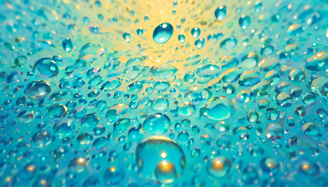 an abstract shot of water droplets on a vibrating surface, with multiple droplets creating unique and unpredictable patterns, showcasing the chaos and beauty that arises from the influence of vibration on water