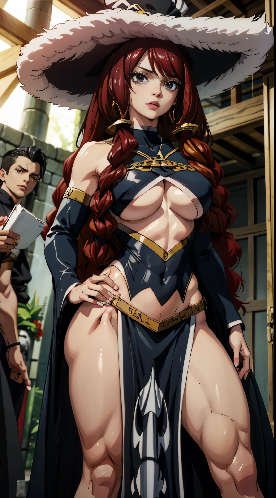 anime fairy tail, personaje Irene, cabello rojo con dos colas, pecho grande, trasero grande, Curvaceous Body, rostro hermoso o atractiva, vestimenta de una hechicera, un sombrero de hechicera, ojos hermosos, buena calidad, 4k. cuerpo de una mujer adulta, with good physique, atractiva con buena figura., calidad 4k. cuerpo o figura atractivo, mujer madura.