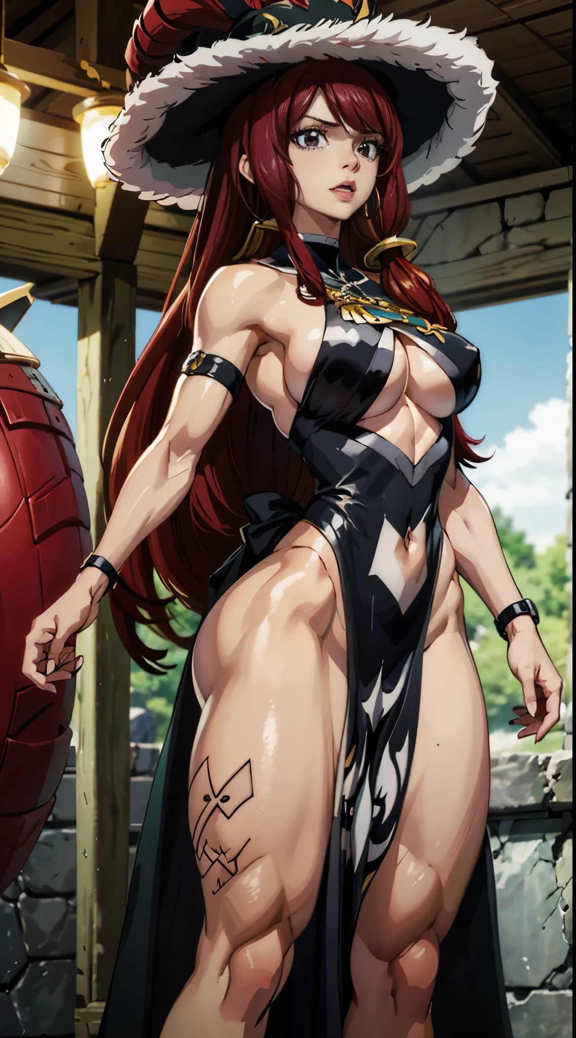 anime fairy tail, personaje Irene, cabello rojo con dos colas, pecho grande, trasero grande, Curvaceous Body, rostro hermoso o atractiva, vestimenta de una hechicera, un sombrero de hechicera, ojos hermosos, buena calidad, 4k. cuerpo de una mujer adulta, with good physique, atractiva con buena figura., calidad 4k. cuerpo o figura atractivo, mujer madura.