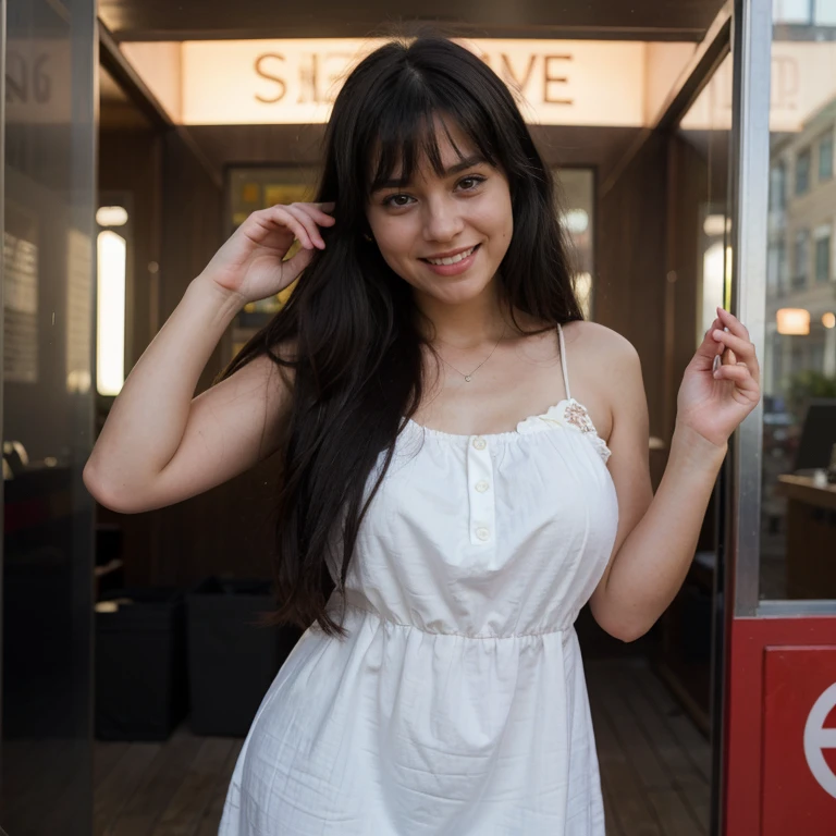 Photo of a pretty young 1girl, laughing, posing with her new dress, out of a telephone booth , big cheeks, very long hair, black hair, side-swept bangs, side fring hair, medium size breasts, best quality, realistic, 8k,