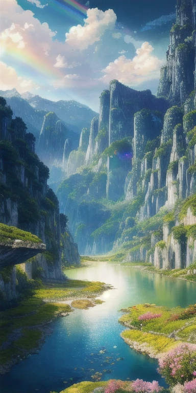 there is a beautiful mountain scene with a rainbow in the sky, impressive fantasy landscape, anime nature, detailed scenery —width 672, majestic nature scenery, anime landscape wallpaper, epic beautiful landscape, epic dreamlike fantasy landscape, anime landscape, amazing landscape, most epic landscape, anime nature wallpap, made of tree and fantasy valley, detailed scenery