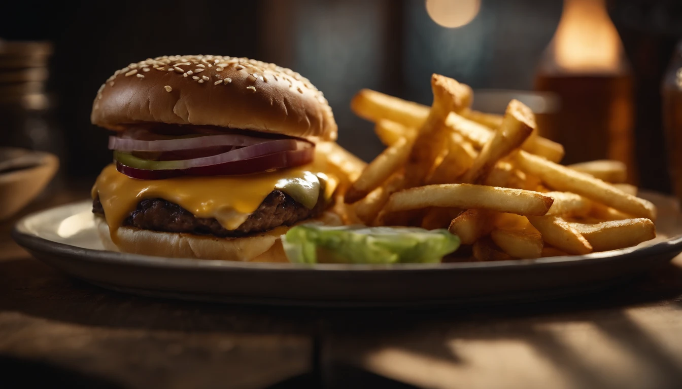 a top-down shot of a cheeseburger on a rustic wooden table, with sesame seeds sprinkled on the bun and a side of crispy golden fries, creating a classic American diner aesthetic