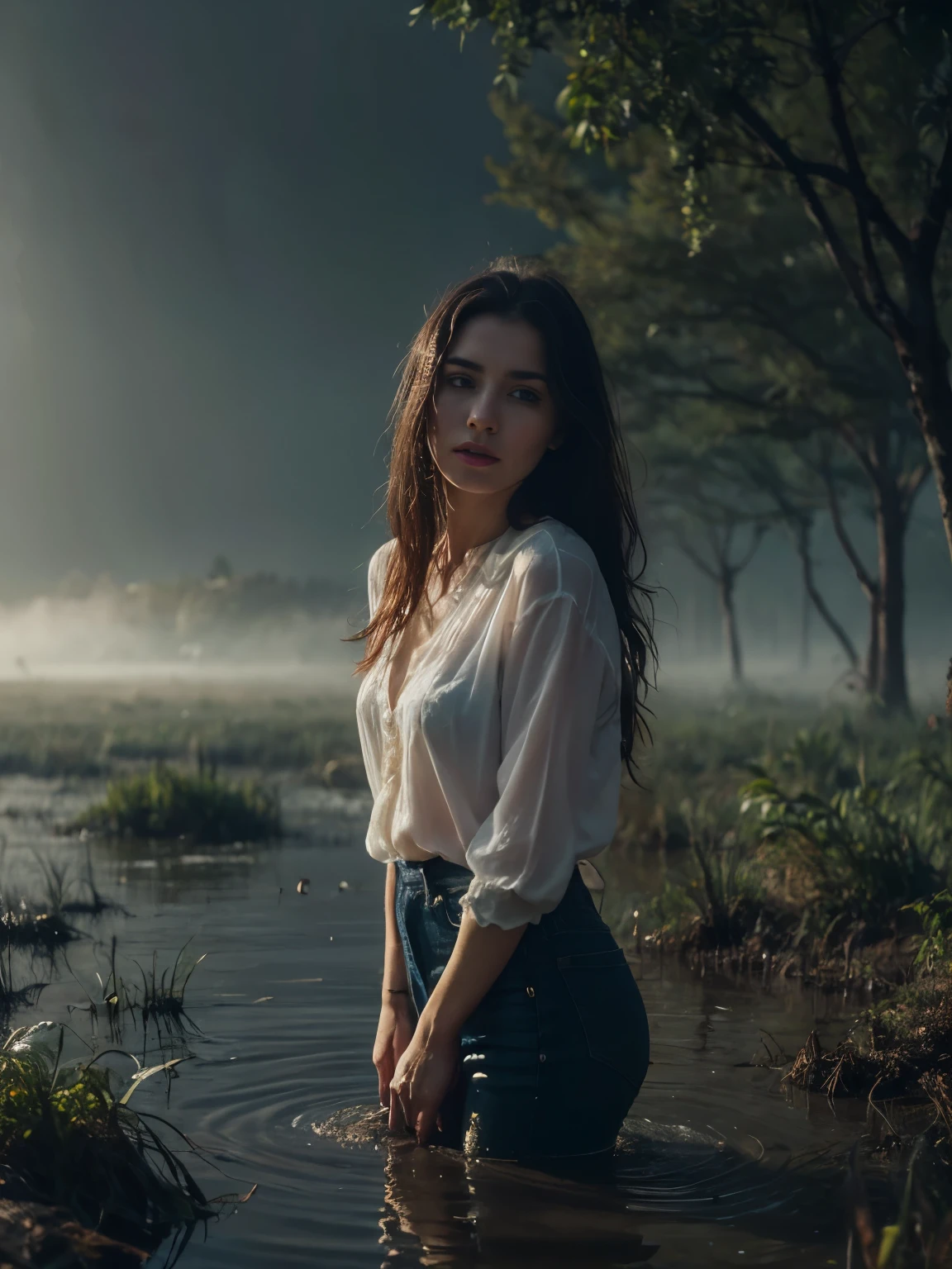 (Best Quality,4k,8K,hight resolution,Masterpiece:1.2), Dramatic setting, woman indulges in shameful fetish, drowning in a swamp, faded jeans and blouse, breathtaking epic illustration, oil painting, mesmerizingly beautiful face, intense eyes, chagrined expression, tangled hair, splashes of mud and water, terrible fog around her, Dark and moody color palette, dramatic  lighting, emphasizing the intensity of her emotions, surrealistic atmosphere, Mystical atmosphere, subtle hints of rot and rotten foliage, ominous shadows, Eerie silence, foggy marshy area, mysterious and bewitching composition, The smallest details, conveying every ripple and texture of swamp water, Soft touch, giving the scene a sense of movement, reflective fetish elements, overwhelming feelings of guilt and desire.