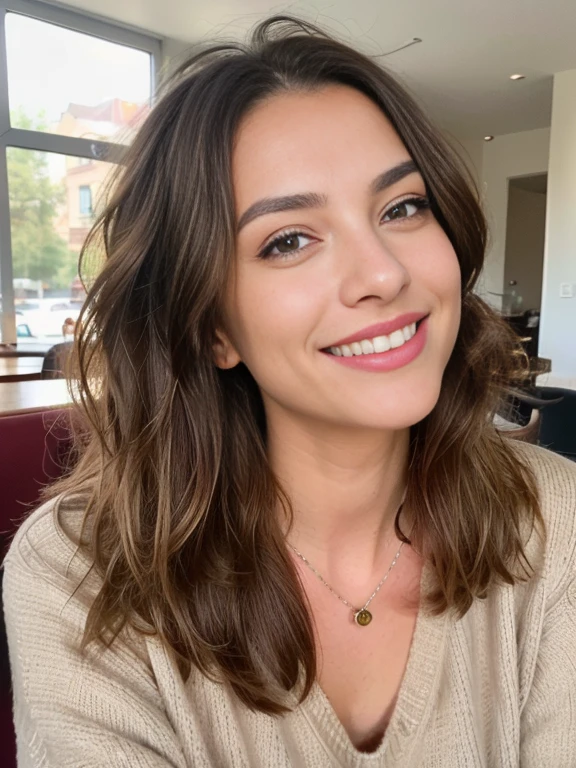 Beautiful brunette with blonde highlights and seductive smile in a very short beige sweater (drinking Södery in a café, detailliert, 12 Jahre, Unschuldiges sexy Gesicht, Natural wavy hair, blaue Augen, high resolution, Meisterwerk, best quality, Komplizierte hohe Detailgenauigkeit, sehr detailliert, Scharfer Fokus, Detaillierter Skin, realistic skin Textur, Textur, Detaillierte Augen, Professionell, 4K, charming smile, gefilmt auf Canon, 85 mm, light depth of field, Kodak Vision Farbe, Perfectly fitting body, Extrem detailliert, Fotografier_\(Ultra\), fotoreallistisch, Realistisch, Nachbearbeitung, Maximale Details, Rauhigkeit, wirkliches Leben, Ultra realist, Fotorealismus, Fotografie, 8K UHD, Fotografie