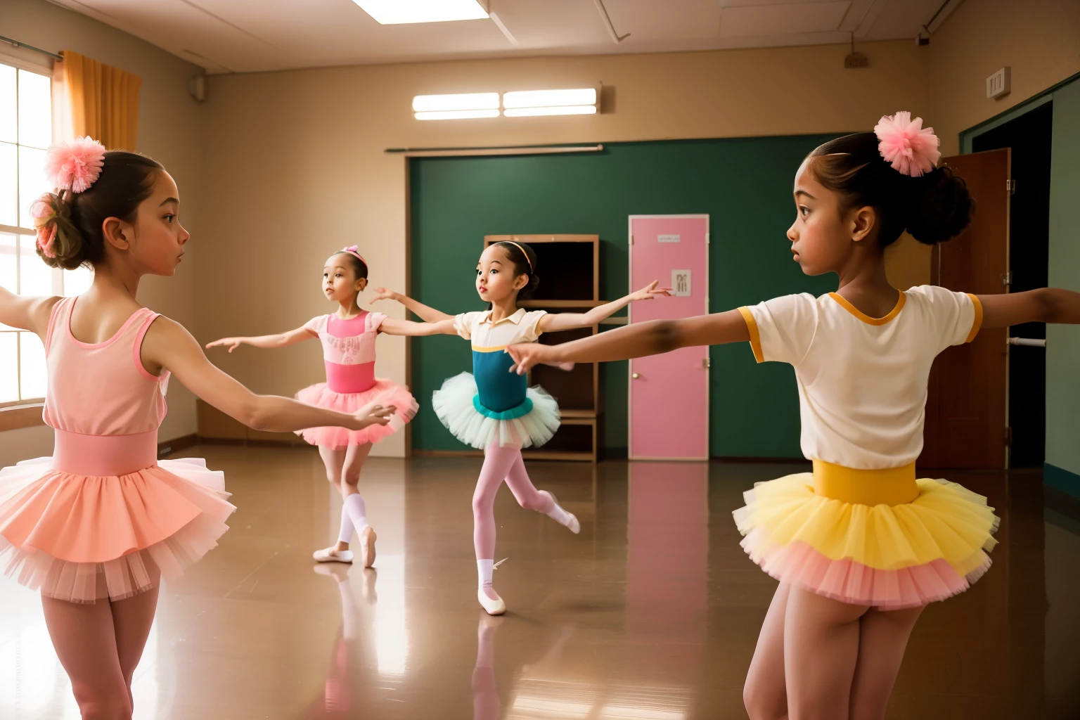 In a Wes Anderson ballet studio, three -yeld gi in colorful tutus practice a dance move