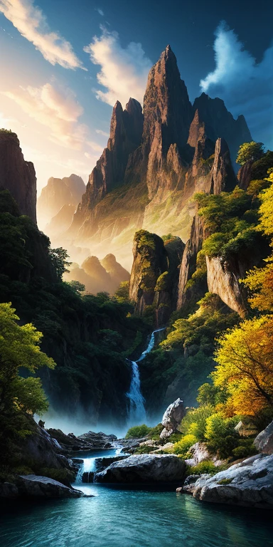 Masterpiece, best quality, high quality, extremely detailed CG unity 8k wallpaper, landscape, outdoor, sky, cloud, sky, no humans, mountain, landscape, water, tree, blue sky, waterfall, cliff, nature, lake, river , cloudy skies, award winning photography, bokeh, depth of field, HDR, bloom, chromatic aberration, photorealism, very detailed, trending on artstation, trending on CGsociety, intricate, high detail, dramatic, midjourney art