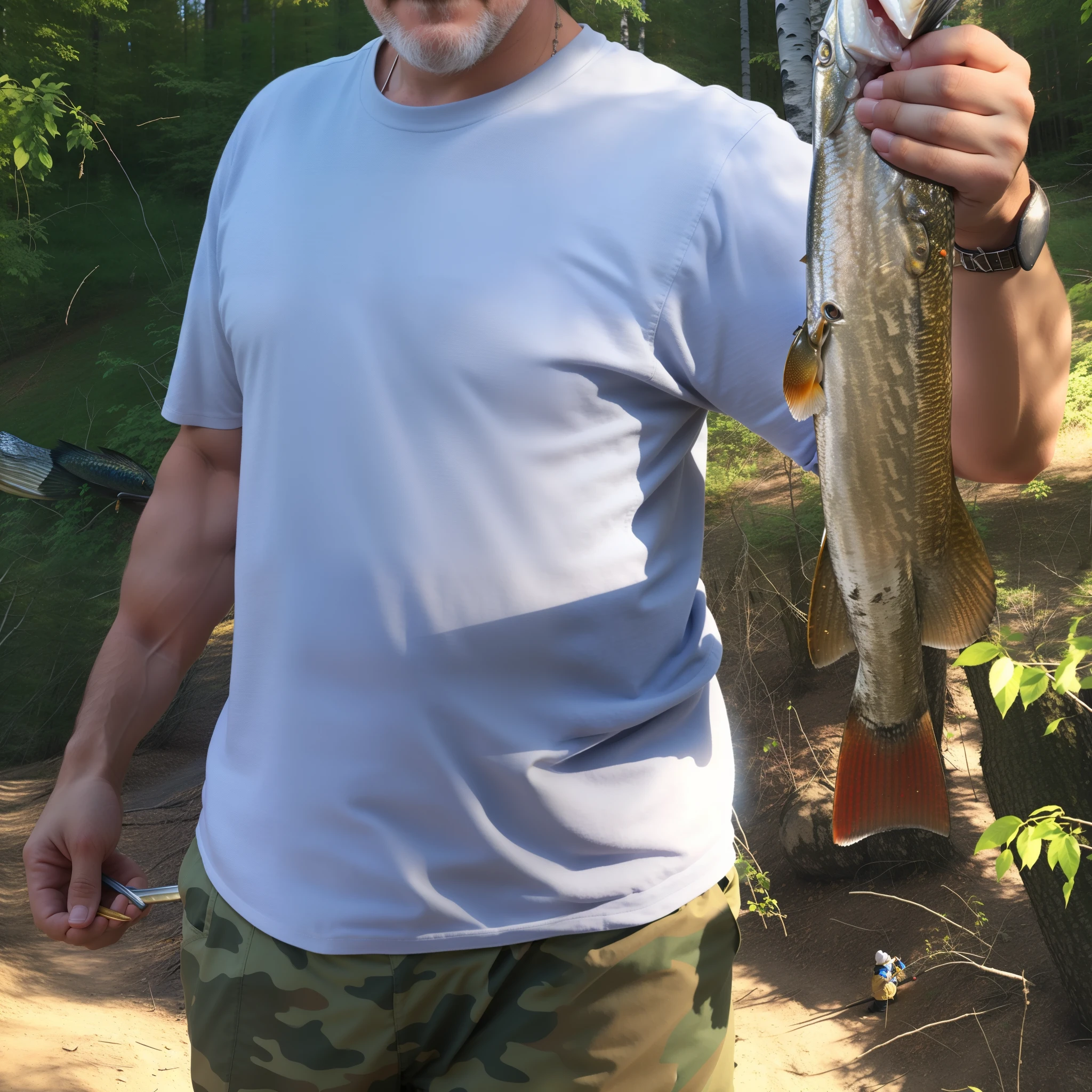 Slightly built man, Breasts without clothes, in coats, fishing on the shore of the lake, he is very happy, caught a huge fish, Gachimuchi
