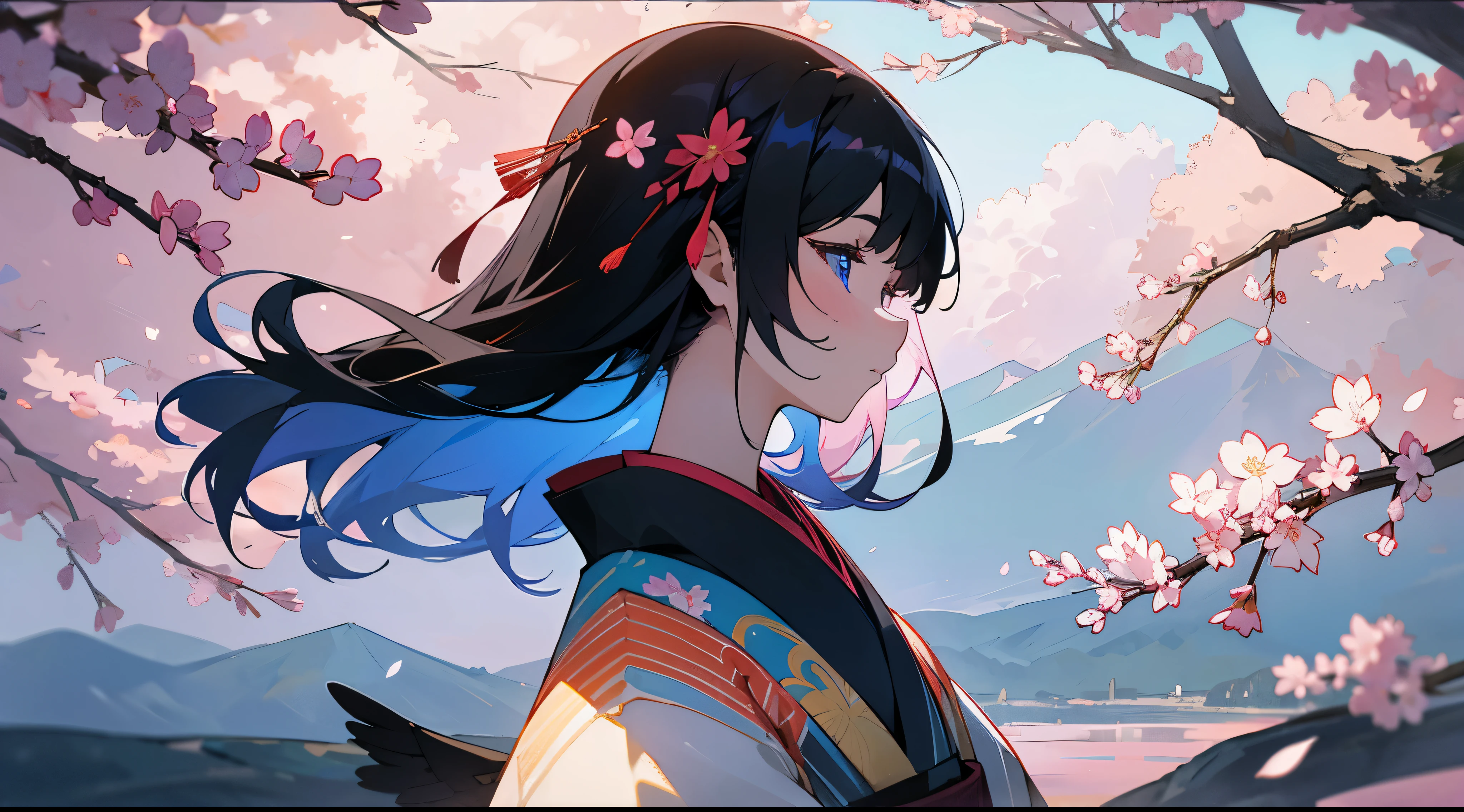 Fantastic mountain々a backdrop of, sunrise and cherry blossoms、Background with a crane flying in the distance、Back lighting、Profile looking up and sunlight filtering through the trees。Kimono with lots of floral patterns、Girl with blue inner color, Black hair, and light blue eyes。Close-up of the eyes。art noveau、