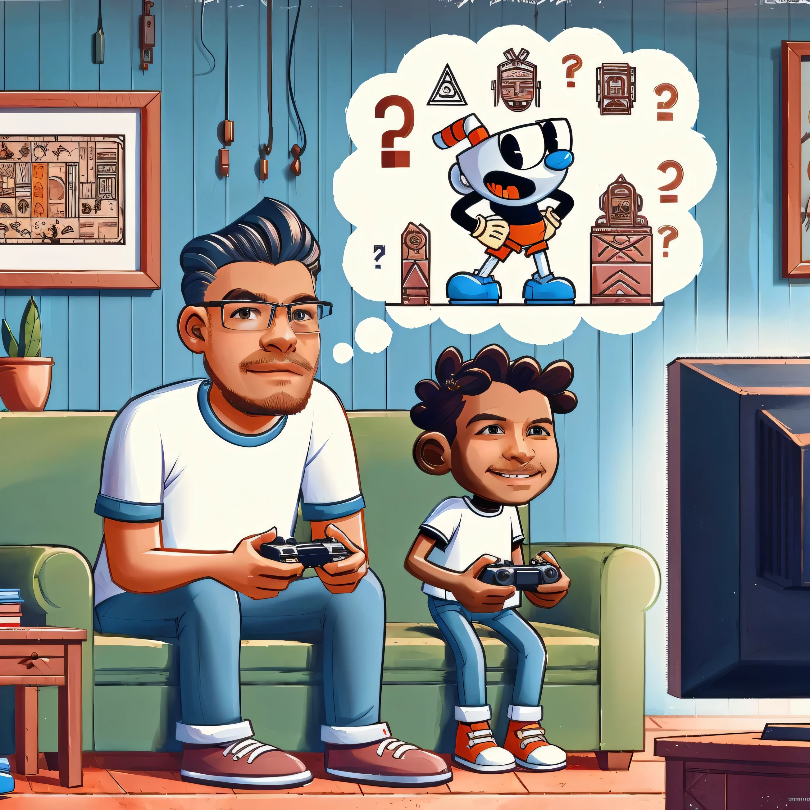 drawing of a man with glasses and a black boy sitting on a sofa playing video games, arte dos desenhos animados estilo, arte dos desenhos animadosstyle, pintura digital dos desenhos animados, in cartoon style, 2 d desenhos animados, Desenho animado 2d, arte digital dos desenhos animados, Cartoon style illustration, fanart de videogame, Estilo de Arte do Cuphead, 8 k cartoon illustration, Fanart do jogo 2D, desenho animado de arte digital, arte dos desenhos animados