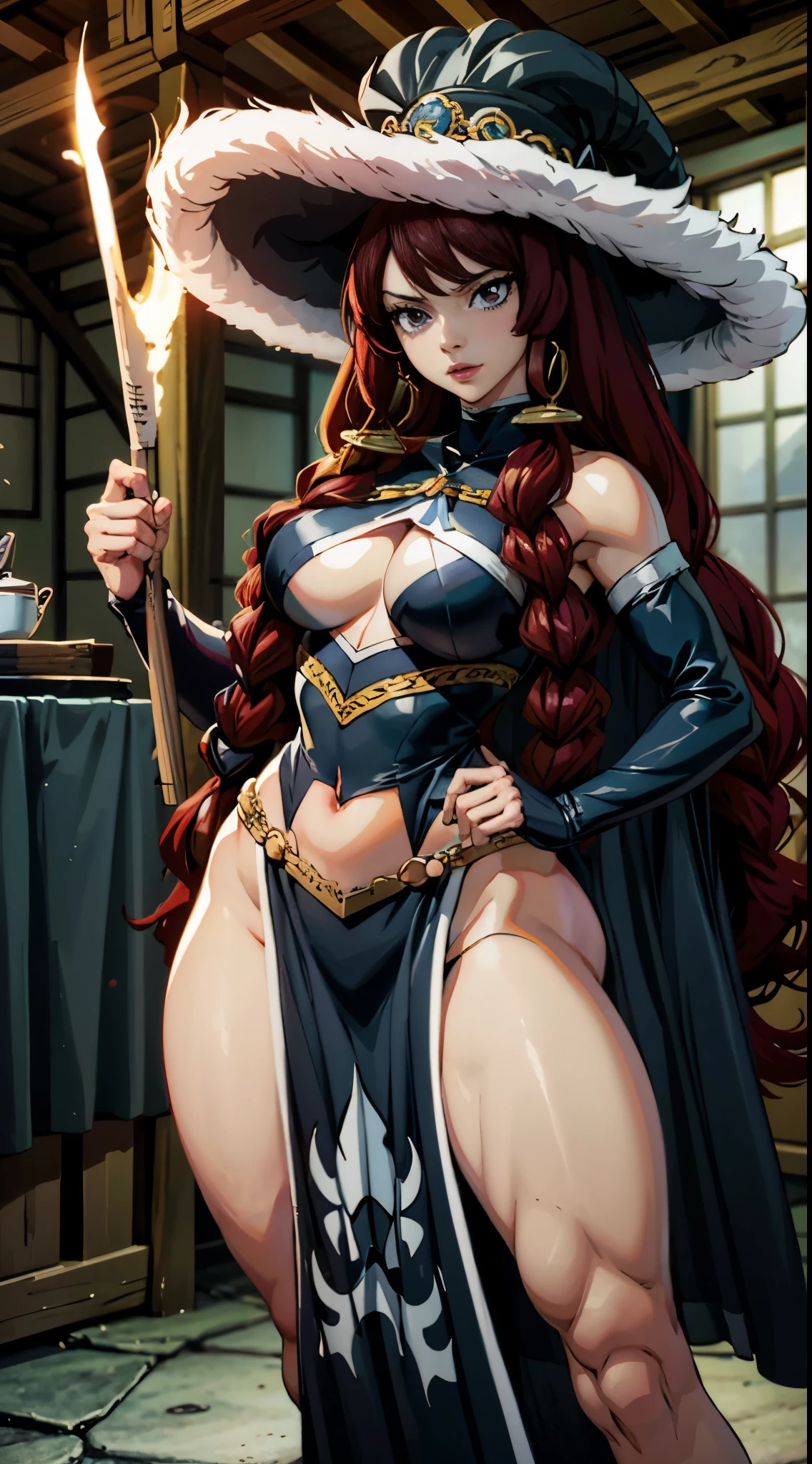 anime fairy tail, personaje Irene, cabello rojo con dos colas, pecho grande, trasero grande, Curvaceous Body, rostro hermoso o atractiva, vestimenta de una hechicera, un sombrero de hechicera, ojos hermosos, buena calidad, 4k. cuerpo de una mujer adulta, with good physique, atractiva con buena figura., calidad 4k. cuerpo o figura atractivo, mujer madura.