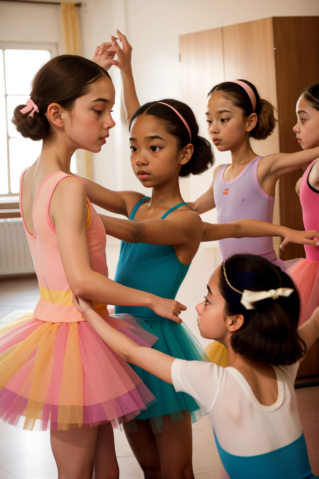 In a Wes Anderson ballet studio, three -yeld gi in colorful tutus practice a dance move