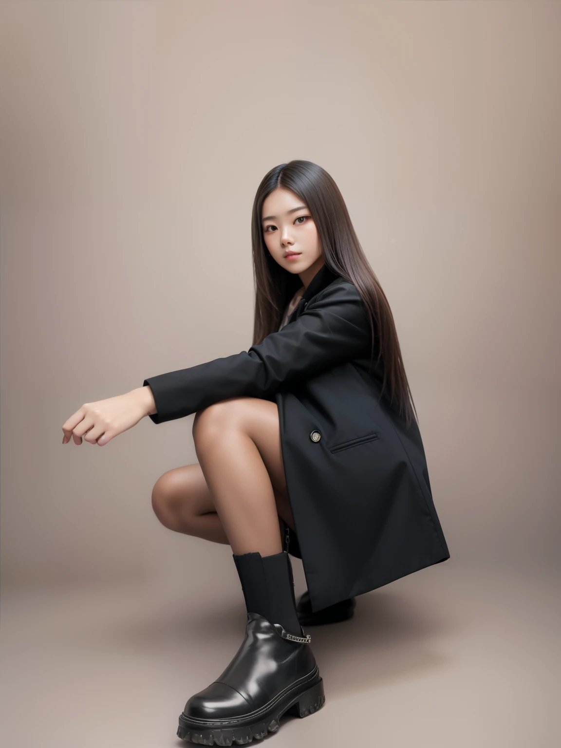 handsome girl , studio photo, Plain background, girl in a black jacket, hairlong, Straight hair,