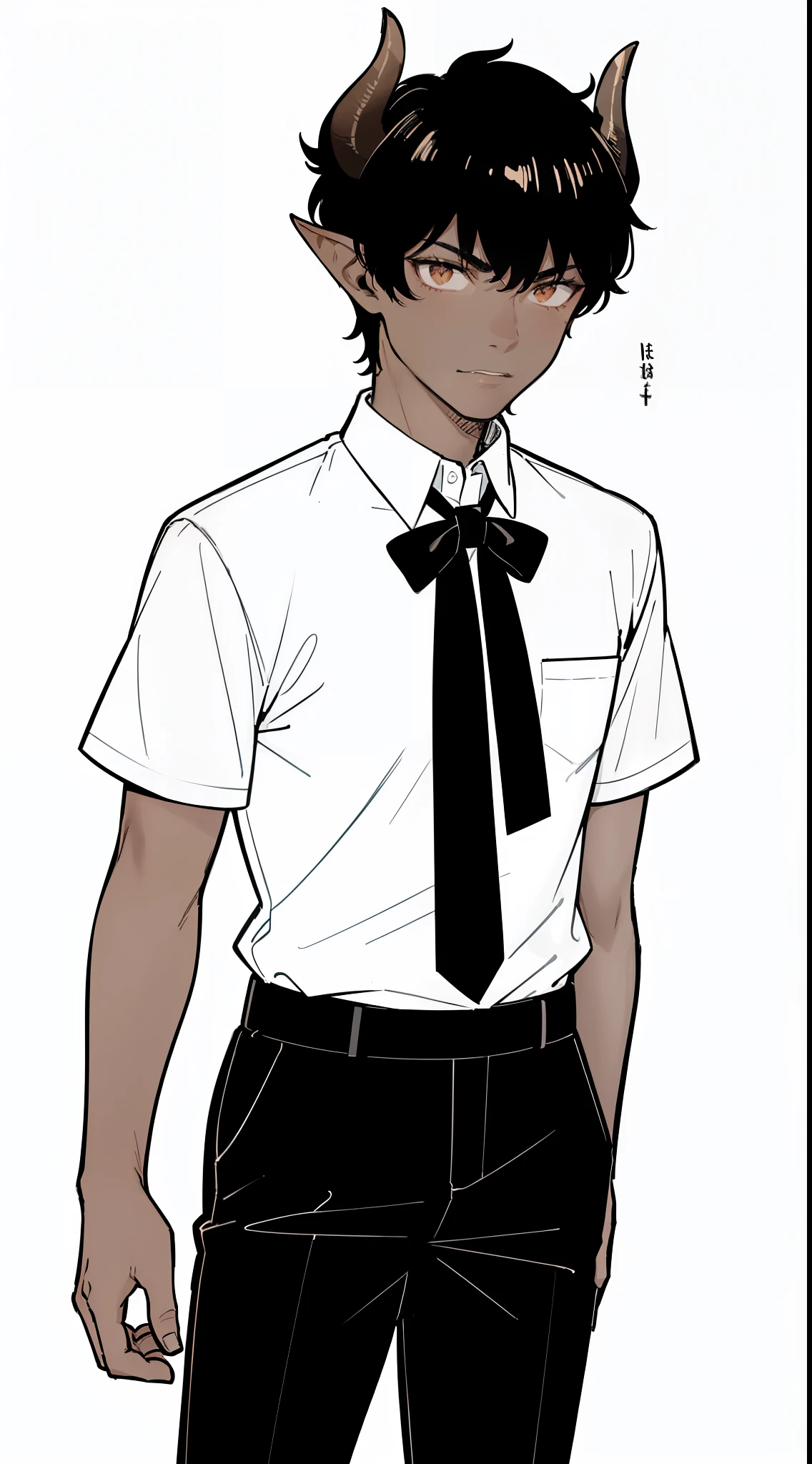 1boy,20,mature male,solo,serious,((dark skin)),((white shirt,short sleeves,black tie,black pants)),Short hair,black hair,elf ears,(horns),(white background,line drawing),cowboy shot,standing