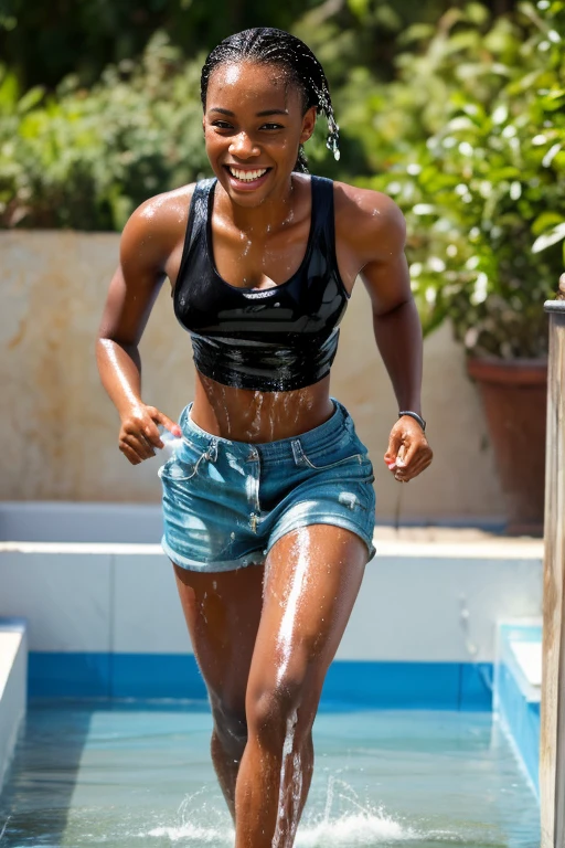 Two beautiful 25 years old black women, wet clothes, soaked, tank top and shorts, wet skin, wet hair, slicked back hair, daylight, outdoor, soaked in oil, dripping oil, dripping water, running water, high resolution, best quality, sexy, 8k, wet, looking at viewer, happy, playful, smile, full body shot