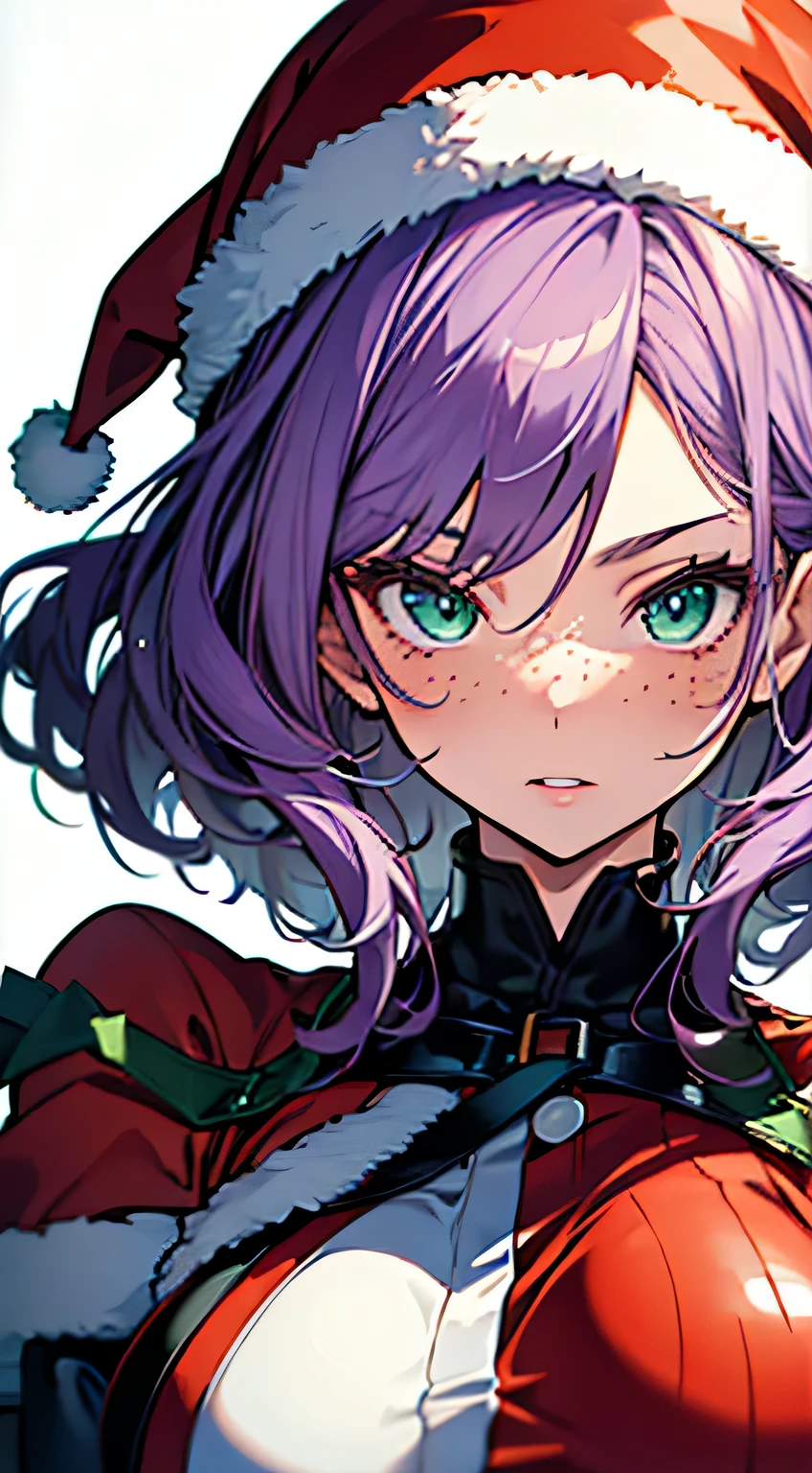 (masterpiece, highres, high resolution:1.2), anime 20 yo girl, portrait, shoulders up, illustration. drawn, violet hair woman, green eyes, blushing, solo, surprised, freckles, big lips, huge breasts, perfect body, wearing a Santa costume, anime girl, no hands.