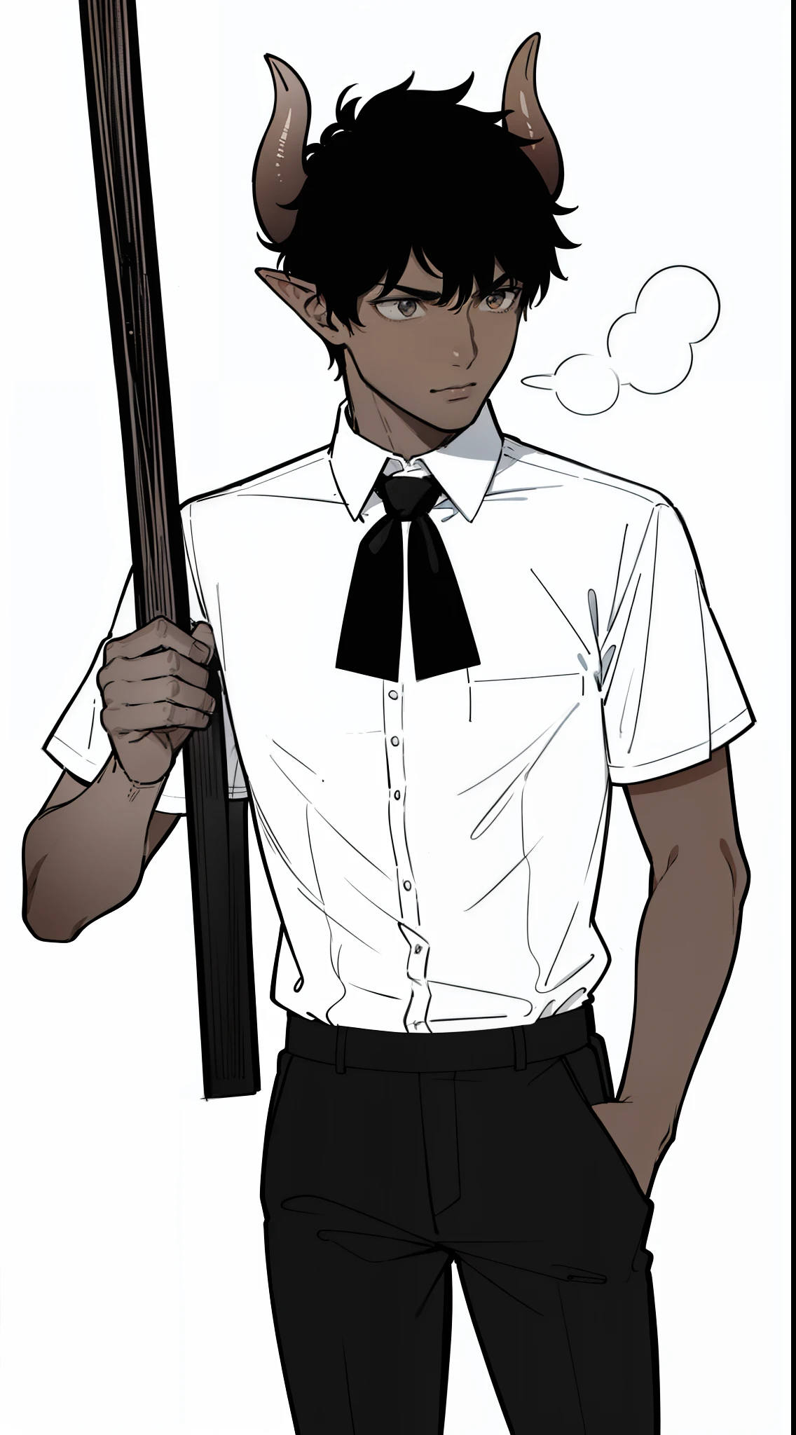 1boy,20,mature male,solo,serious,((dark skin)),((white shirt,short sleeves,black tie,black pants)),Short hair,black hair,elf ears,(horns),(white background,line drawing),cowboy shot,standing