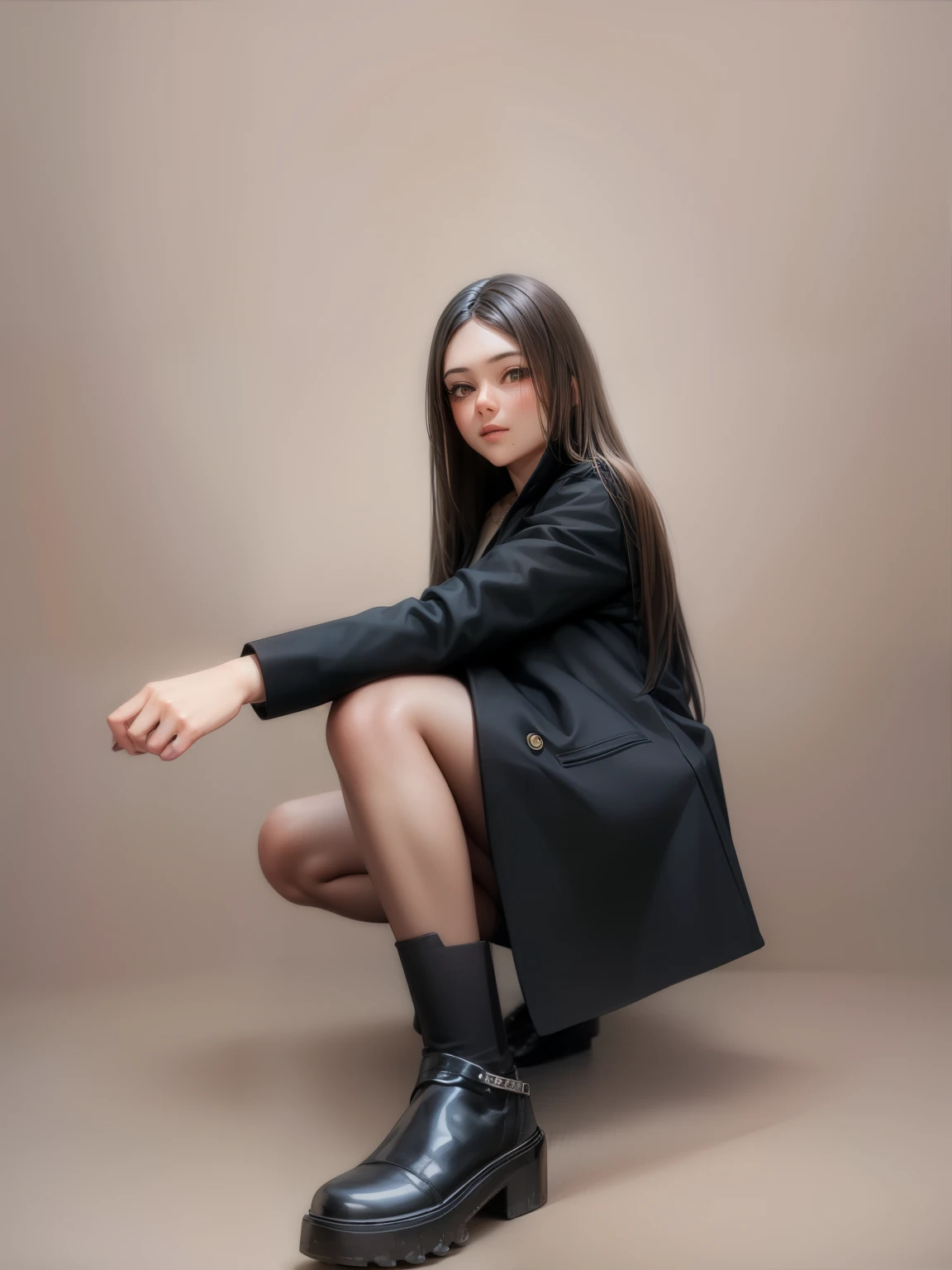 handsome girl , studio photo, Plain background, girl in a black jacket, hairlong, Straight hair,