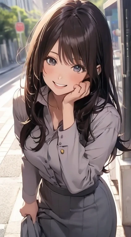 Anime style, Film Portrait Photography, 1woman, a smile, smile, Beautiful Women, full body, Straight hair, Brown hair, Semi-long hair, woman wearing a gray shirt, Woman in business suit, long skirt, business woman, (Natural skin texture Vibrant details, hyper realistic)