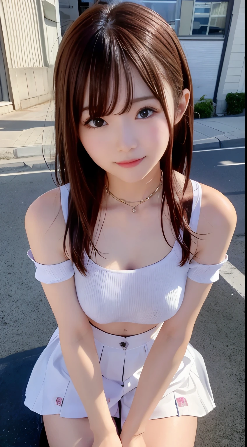 top-quality、超A high resolution、(Photorealsitic:1.4)、(ulzzang-6500:0.4)、Beautie、Korean Idols、21years old、length hair、light brown hair、Clean and wavy hairstyle、small tits、極small tits、Realistic eyes, slender narrow eyeeautiful eyes、A smile、croptop、Tank Tops、See-through shirt is flipped up and milk is leaking、a miniskirt、In the street、crouching down、slender、A slender、Slender body lines