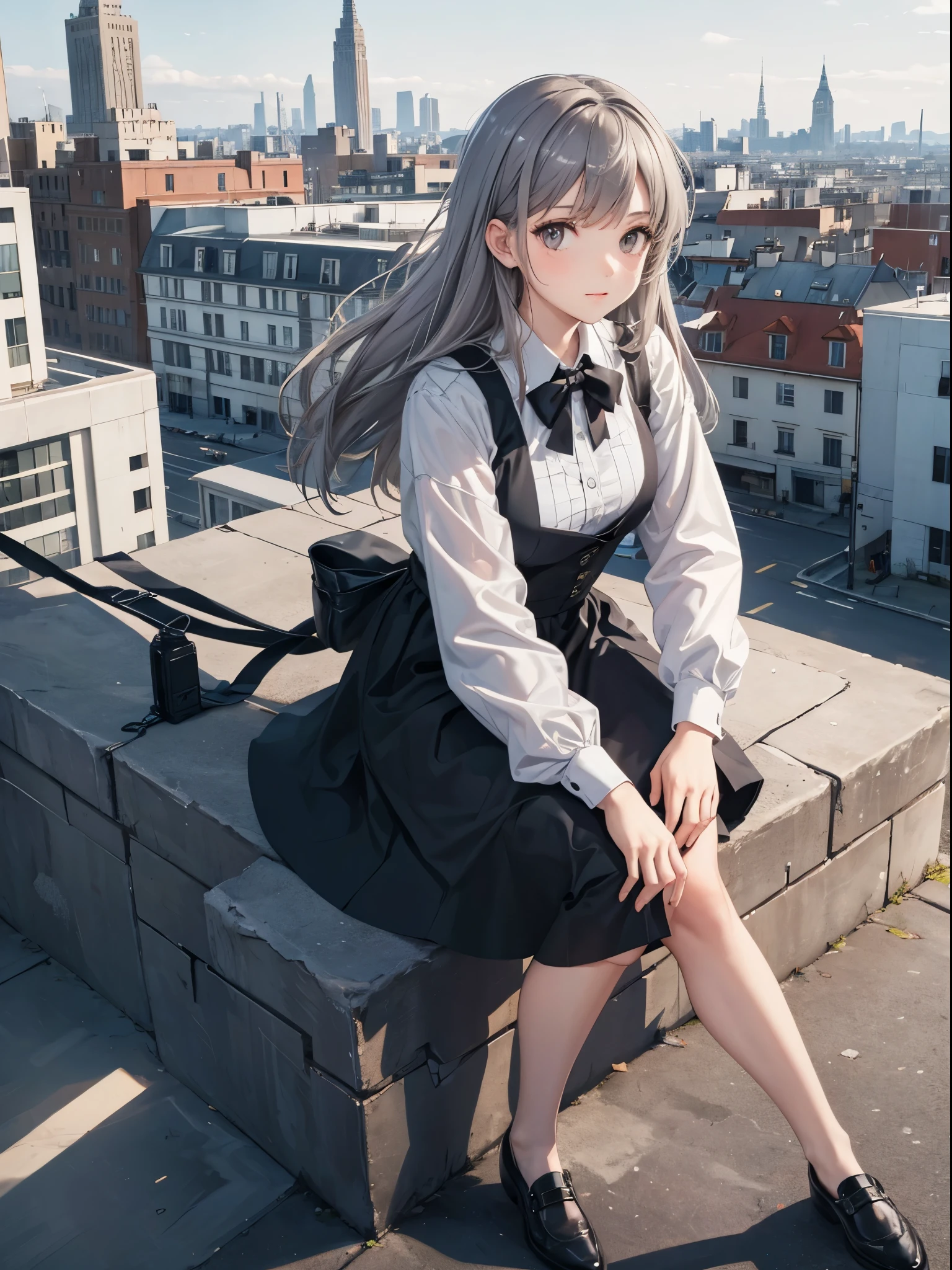 Pigeon girl, pigeons, grey and black dress, sitting on rooftop